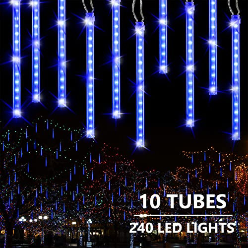 Joomer Luces Exterior Navidad Lluvia Meteoritos, 30cm 10 Tubos 240 LED Luces Navidad Exterior Enchufe, Impermeable Decoracion Navidad para Árbol de Navidad, Fiesta, Bodas, Jardín, Balcon(Azul)