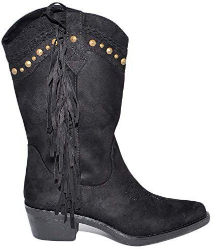 Stivali Donna camperos Texani Neri Scamosciati con Frange Borchie Dorate Roxanne a Punta Altezza Polpaccio con Zip (36 EU)