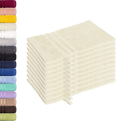 Lavea Série Elena, Lot de 10 Gants de Toilette 15x21 cm, 100% Coton, Ultra Doux & Absorbant, Lavable, Résistant & Idéal pour Peau Sensible - Beige