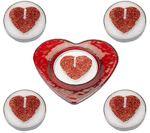 With Love Ensemble de bougies chauffe-plat et photophore en verre en forme de cœur Rouge pailleté