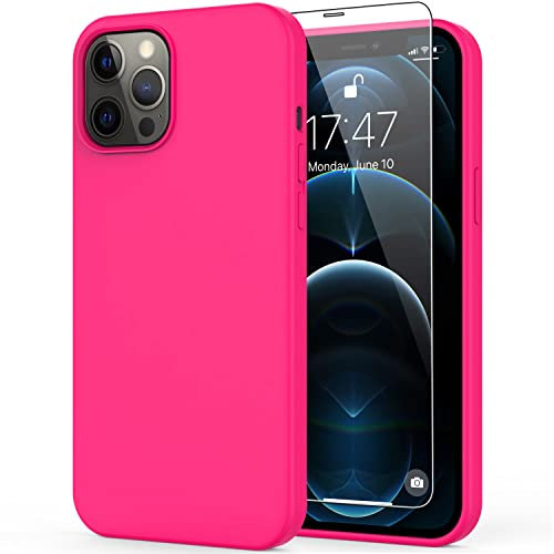 DEENAKIN Compatible with iPhone 12 Pro Max Case with Screen Protector,Soft Silicone Gel Rubber Bumper Cover,Slim Fit Shockproof Protective Phone Cover Hot Pink