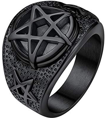 FaithHeart Herren Jungen Pentagramm schwarz Siegelring in Ringgröße 67.2 Retro Fingerring Punk Gotik Bandring mit Schmuckbox für Geburtstag Weihnachten