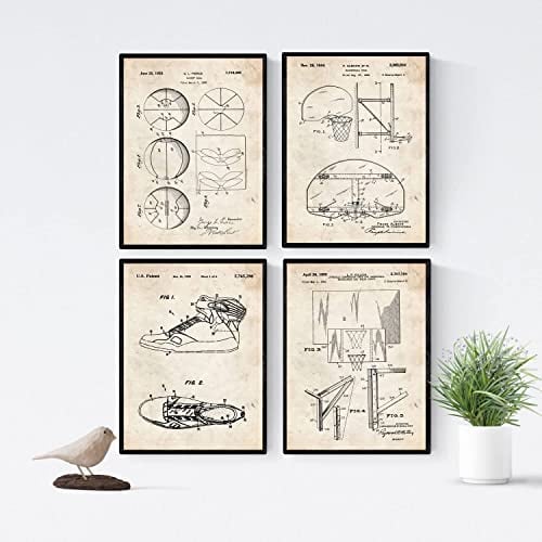 Nacnic Basketball Patent Poster 4er-Set. Vintage Stil Wanddekoration Abbildung von Sports und Alte Erfindungen. Verschiedene atletische Fitness Bilder ohne Rahmen. Größe A4.