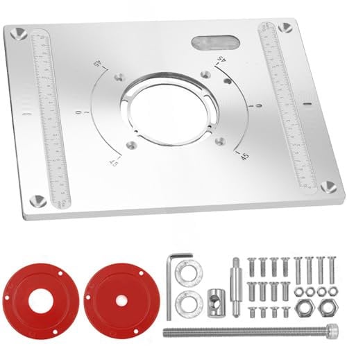 Fresadora de mesa con placa de inserción, router de aluminio, placa de inserción, con función de elevación, router, con 2 anillos y tornillos para rebajadora, trabajo de madera, 300 x 235 x 9,5 mm
