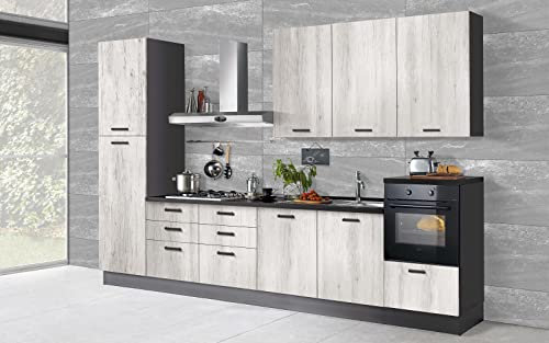Dafne Italian Design Cocina completa con electrodomésticos (horno, fregadero, campana de cocina) estilo industrial - 360 x 60 x 240 cm - plomo, efecto roble blanco - nevera izquierda