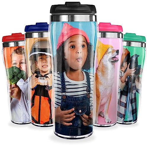 Pixly® Personalised Custom Photo Thermal Travel Mug - 400ml/14oz Capacity - Stainless Steel Coffee Tea Flask with Picture - Black, Red, Blue, Pink (Black)