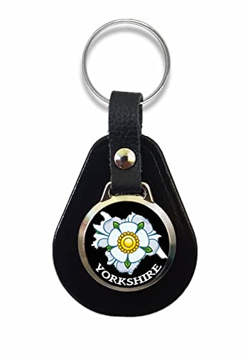 Yorkshire Rose Map Leather Key Fob Keyring Birthday Gift N647, Black, 6cm