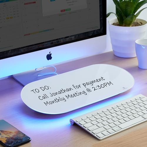 TSJ OFFICE Schreibtisch-Whiteboard aus Glas – 43.2x17.8 cm, klein, trocken abwischbare Tafel mit blauem Licht, Glas-Whiteboard-Oberfläche Notizblock mit Schublade, Zuhause, Schulbedarf