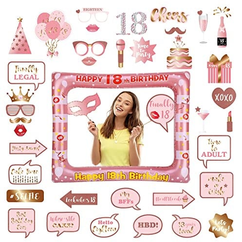 40Pcs Aufblasbarer Fotokabine Rahmen und Requisiten 18.Geburtstag,Fotoautomat Requisiten Roségold Geburtstag Deko,Foto Requisiten Selfie Rahmen für 18.Geburtstags Party Dekoration Favor Supplies