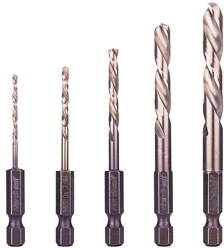 NordWolf 5-Piece Cobalt Alloy Steel Left Hand Drill Bit Set, Reverse Twist with 1/4 Hex Shank for Screw Extractors, SAE Sizes 5/64-7/64-5/32-1/4-19/64 in Storage Case