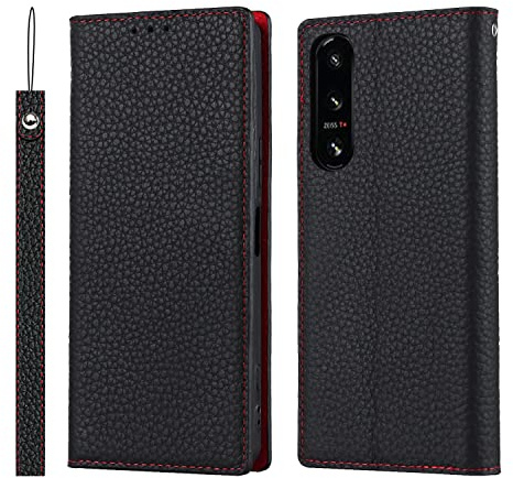 CAVOR Sony Xperia 5 IV Hülle Mit Band,Flip Echtleder Geldbörse Handyhülle,[Mit 3 Kartenfach][Magnetverschluss][RFID Blocker],Klapphülle Schutzhülle für Sony Xperia 5 IV - Schwarz