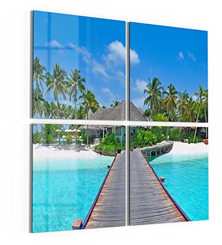 DEQORI Glasbilder Echtglas | Motiv Steg ins Paradies | quadratisch 4-teilig 100x100 cm | große XXL Deko | Wandbilder für Wohnzimmer, Schlafzimmer, Flur & Küche | moderne Wanddeko