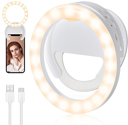 RealPlus Ringlicht Handy, Geschenk für Frauen, Drehbares Ring Light Mit Clip[wiederaufladbar], Selfie Licht Mit 3 Beleuchtungsmodi & 5 Helligkeit, Für Laptop/Tablette, Video, Streaming, Tiktok, Weiß