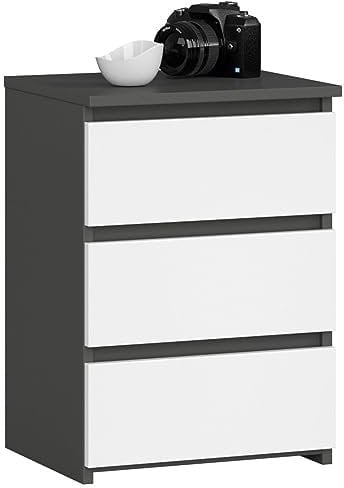 AKORD | Nachttisch Kommode CL-3 mit 3 Schubladen | für das Wohnzimmer Schlafzimmer Schrank Büro Arbeitszimmer | Modernes Funktionales Design | B40 x H57 x T35 cm, Gewicht 26 kg | Graphitgrau | Weiß