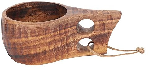 Hölzerne Kaffeetasse, Wärmeisolierung Doppelte Löcher Griff Stilvolles Muster Holz Camp Tasse Feine Politur Nordic Style Fine Touch Holz Camp Mug für Kaffee, Tee, Milch