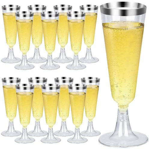 25 Pièces Flute Champagne Plastique,150ml Flûtes à Champagne à Bord Argenté,Coupe Champagne Plastique Reutilisable,Verre à Champagne Transparents Gobelets pour Camping Anniversaires Mariages Fêtes