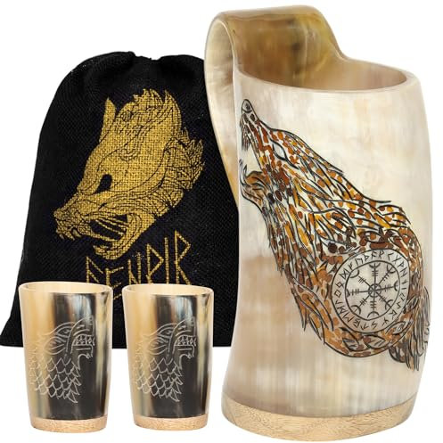 FENRIR Ensemble de tasses Viking en corne à boire de 473,6 g – Cadeaux pour homme, papa, mari – Cadeau unique Viking – Tasse en corne de bœuf véritable faite à la main avec loup gravé 2 verres à shot
