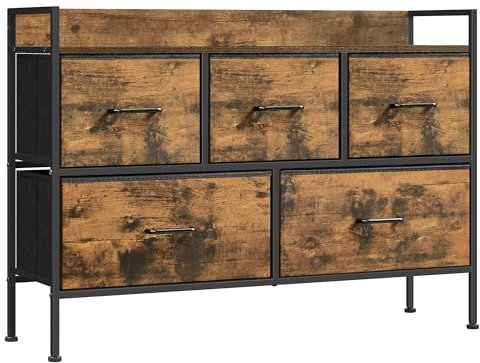 SONGMICS Kommode, Schrank, 5 Stoffschubladen mit Griffen, Metallgestell, Industrie-Design, vintagebraun-tintenschwarz LTS135B01