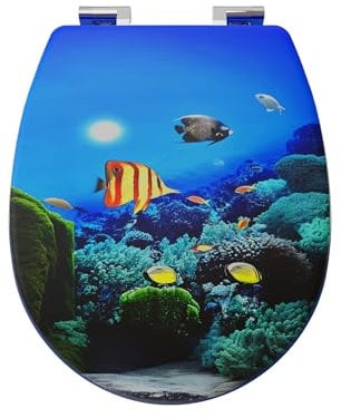 DC VOLTAGE Hard Close Ocean Animals Design MDF Toilet Seat with Quick Release and Adjustable Hinges 17.12 L x 14.76 W