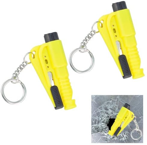 Rumgug 2 Pezzi Portachiavi di Emergenza - Accessorio di Sicurezza 3 in 1 per Portachiavi, Martello di Emergenza Compatto Giallo, Taglia Cinture di Sicurezza e Rompivetro, Kit per Auto (Yellow)