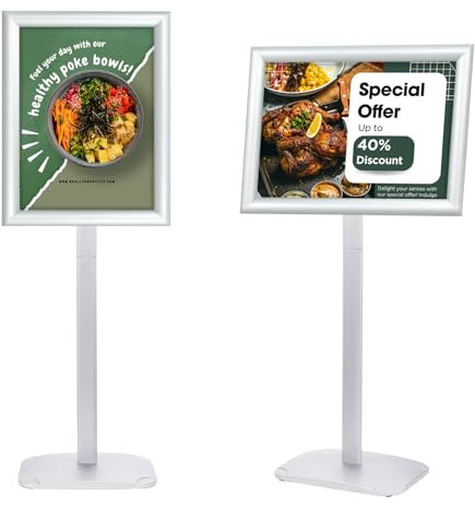 Mutualsign Soporte de póster A3 resistente con base estable, soporte de cartel con marco a presión para menú/aviso/anuncio/bienvenida, color plateado