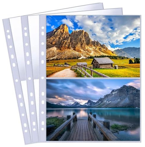 Bamyli 30 Pack 60 Pockets A4 Photo Sleeves,Postcard Sleeves for A4 2/3/4 Ring Binder,2 Pocket Single Sided Photo Page Protector,A4 Plastic Photo Sheet Protector for Photos,Postcards(31cm*23cm)