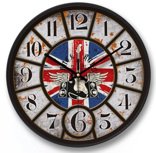 NUOVO Wanduhr Vintage Gitarre Britische Flagge WanduhrSchwarzer Rahmen mit Glasabdeckung Silent Ticking Bewegung Quarz Wanduhr Moderne Quarz Design Dekorative Innenküche 12 Zoll
