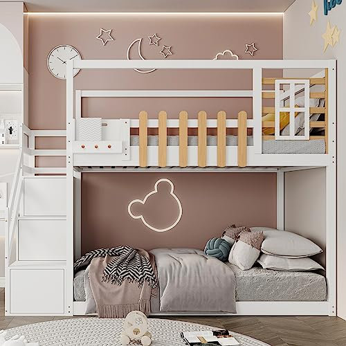 Ymkua Etagenbett Kinderbett 90x200 cm, Stauraum Hochbett mit 3 Schließfächer Treppe, Bett Holzbett mit Lattenrost aus Holz und Rausfallschutz, Hausbett mit Fenster und Regalkasten, Weiß, Ohne Matratze