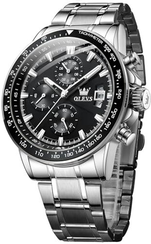 OLEVS Herrenuhren Business Kleid Quarz Multifunktions Chronograph Schwarze Zifferblatt Edelstahl Kalender wasserdichte leuchtende Uhren Männer