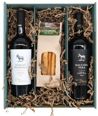 Weinbox Italien mit Bio Grissini - Premium Geschenkset mit Merlot-Primitivo & Malvasia Nera von Luce del Sole aus Apulien, Perfekt für Weinliebhaber und besondere Anlässe
