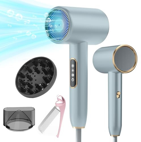 Bizcasa 2400W Secador Pelo Ionico,Profesional Secador de Pelo pantalla LCD 3 Ajustes de Temperatura,2 velocidades,Salón Hair Dryer con Difusor y Boquilla de Peinado/Peine Plegable (plata)