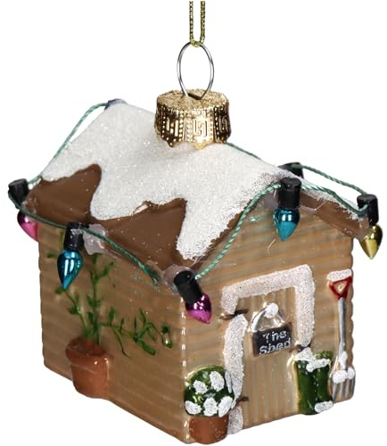 Christbaumschmuck Glas 5,9cm - Winterhütte Figur zum Aufhängen - handbemalt & mit Glitzer - Weihnachtsbaum Anhänger für Weihnachten - Christbaumanhänger & Weihnachtsbaumschmuck - Dorf Hütte Hellbraun