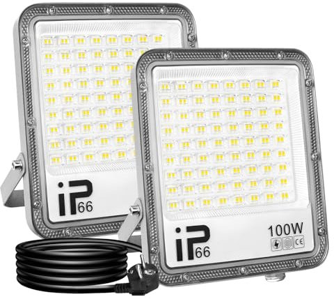 RIGIDON 2x 100W LED Strahler Außen mit Stecker, 10000LM Außenstrahler, 6000K Kaltweiß IP66 Wasserdicht LED Fluter Scheinwerfer Flutlicht für Garten, Innenhöfe, Garage, Terrassen, Hof (1M Netzkabel)