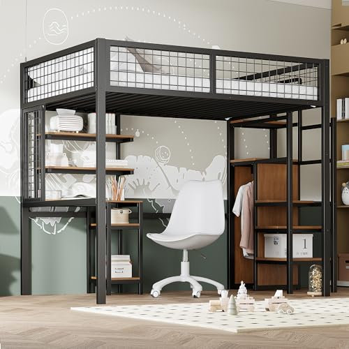 Arhatreya Hochbett 140x200 cm, Metallbett mit Sicherheitsleiter, Kinderbett mit Eisenrahmen Kleiderschrank und Computertisch Schwarz(Ohne Matratze)