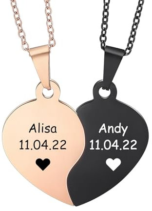 MeMeDIY 2 Stück Personalisierte Herz Puzzle Kette mit Gravur für Damen Herren Freundin Freund Paar Kette Freundschaftskette Silber Gold Schwarz Farbe -D2