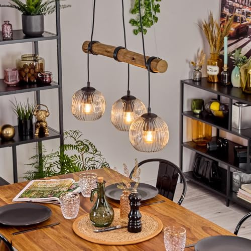 HOFSTEIN Pendelleuchte Ripoll, Hängelampe aus Metall/Holz/Riffelglas in Schwarz/Naturfarben/Klar Hängeleuchte im Retro/Boho-Design mit Glasschirmen und Holzbalken, E27, Esszimmer, Wohnzimmer, Küche