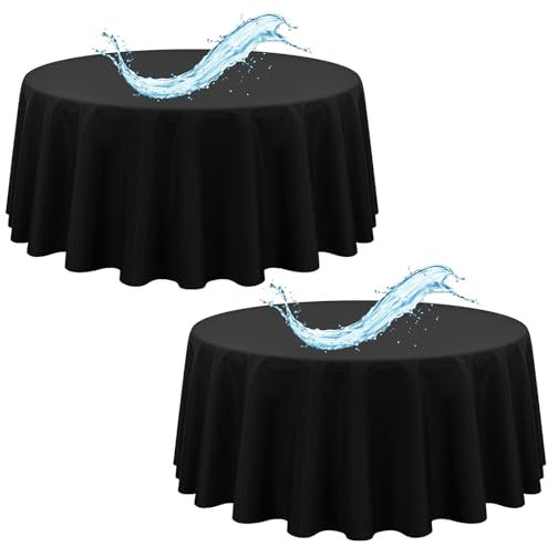 2er-Pack Schwarze runde Tischdecken, 305 cm, Schwarze Tischdecken, wasserdichte Polyester-Tischdecke für runde Tische, Flecken- und knitterfrei, waschbare Stoff-Tischdecke für Party, Hochzeit, Essen