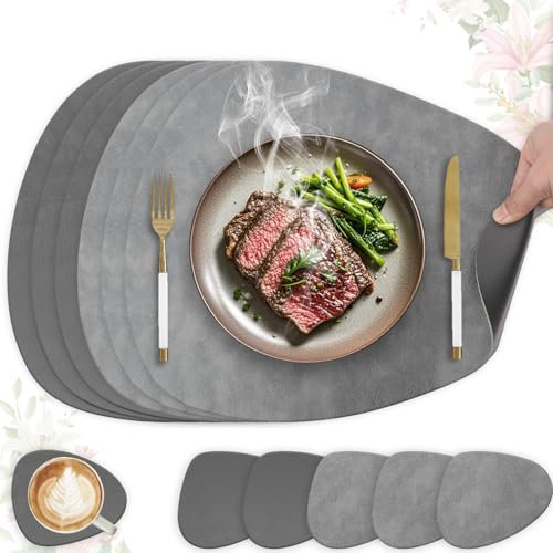 HELI MIAO 6er Set Tischset aus Leder-Imitat,Platzsets abwaschbar und wasserdicht,Platzdeckchen Lederoptik mit Untersetzer,Tischuntersetzer Doppelseitigen rutschfest(Oval,Grau+Dunkelgrau)