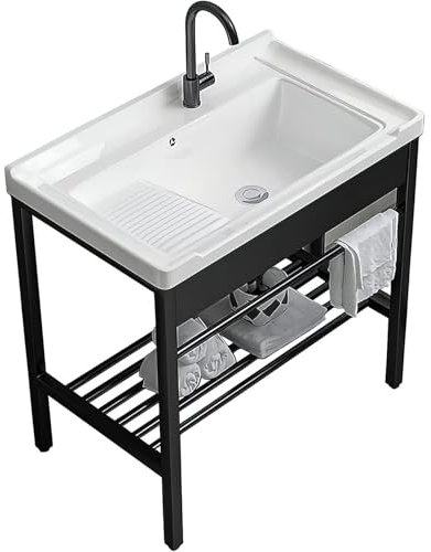 Évier À Lessive en Céramique, Bac À Linge/lavabo Autoportant,Évier À Linge Robuste, évier à linge avec planche à laver, évier à linge pratique pour salle de bain et balcon,80cm/31.5''