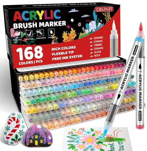 colpart 168 Colors Direct-Flow Acrylic Paint Markers, Waterproof & Quick-Drying, Innovative Ink Control Design, Non-Toxic Acrylic Pens for Rock, Glass, Wood, Ceramic, and Porcelain