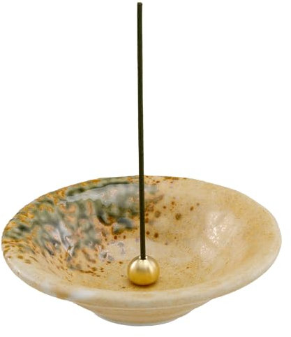 Asayu Japanese Small Incense Holder for Sticks 4.88 inch (124mm), Traditional Made in Japan Ceramic Ash Catcher and Brass Incense Burner Set - Light Orange