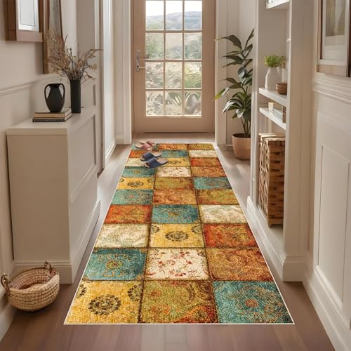 Qemgrste Vintage Modern Teppich Läufer für Flur, Küche, Wohnzimmer - Rutschfest, Waschbar, 40 x 60 cm, Mehrfarbig