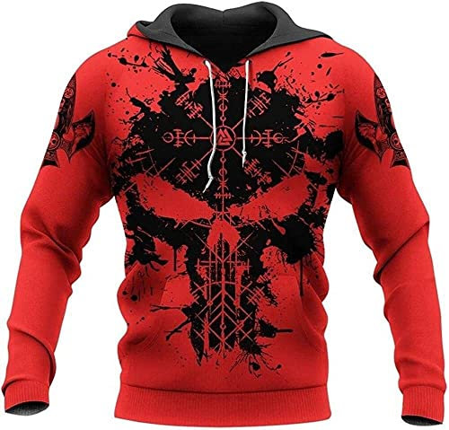 Norse Mythology Viking Tattoos Hoodie for Men,Thor's Hammer Graphic Pullover Sweatshirt Long Sleeve Jacket
