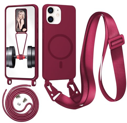 Beajew Magnetic Lanyard for iPhone 12 Mini Case, Compatible with MagSafe, with Detachable Adjustable Neck Strap Shockproof Durable Liquid Silicone Protective Phone Case, Red