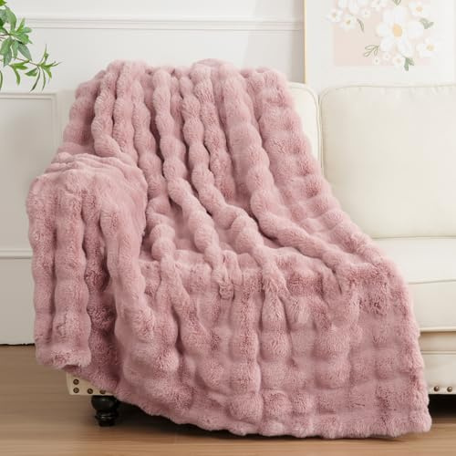 Enyhom Bubble Decke 152x203 cm Rosa, Kaninchen Fellimitat Flauschig Weiche Warme Kuscheldecke, Sofadecke für Sofa Couch Bett Haustier Schlafzimmer Wohnzimmer Deko
