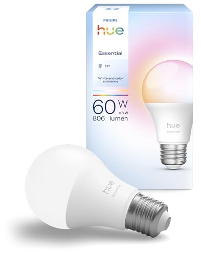 Philips Hue Essential Smart LED A60 Glühbirne,white and color, E27-Fassung, 8 W, 2200 K–6500 K, 806 lm, dimmbar, kompatibel mit Alexa, Google Assistant und Apple Home, 1er-Pack