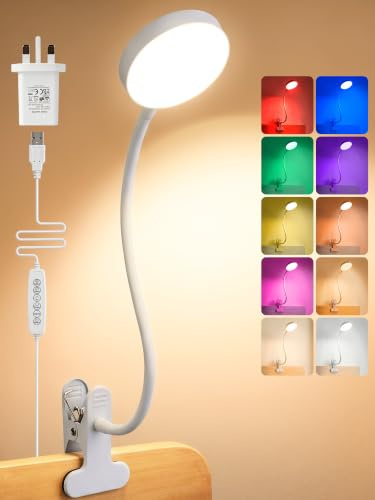 LED Desk Lamp,10 Colors RGB+10 Dimmable Bedside Lamp,Clip on Reading Light | 500 Lumen Eye-Caring Small Clip on Light, 360° Adjustable Kids Table Lamp for Bedroom/Bed Headboard/Book/Study, USB Adapter