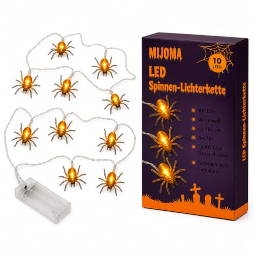 MIJOMA LED Spinnen-Lichterkette 165cm – 10 warmweiße LEDs – Halloween Deko Lichterkette batteriebetrieben – Partylichter mit An/Aus-Schalter für innen & außen