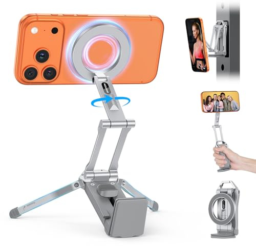 OMOTON TP02 Aluminium Magnetisches Handy Stativ, für Vlog Reise Gym, Silber | 158g, 360° Drehbar, N52 Magnete, C-Klemme & Magnetische Rückseite, Handyhalterung für iPhone 17/16/15/14 Pro Max Air