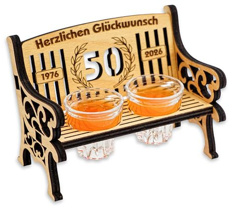 DARO Design - Schnapsbank Holz mit Gravur mit 2 Schnapsgläser - 50 Jahre - 16x12 cm Groß - lustige Geschenkidee - originelles Geschenk zum Geburtstag Firmenjubiläum Hochzeitstag Jubiläum
